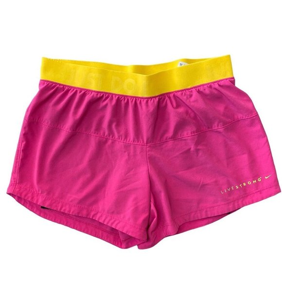 Nike Livestrong Dri Fit 2-in-1 Running Shorts Womens Sz Small Pink w Yellow Band - Picture 1 of 6
